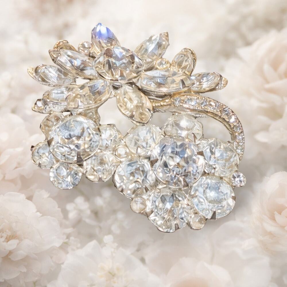 Eisenberg Brooch Vintage 1950's Stunning Signed Rhinestone Flower Pin 2.5 inches